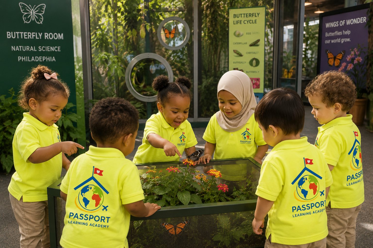 Six young Passport explorers in bright Passport Learning Academy polos gathered around a butterfly enclosure at the Philadelphia Natural Science Butterfly Room, watching a monarch land on flowers