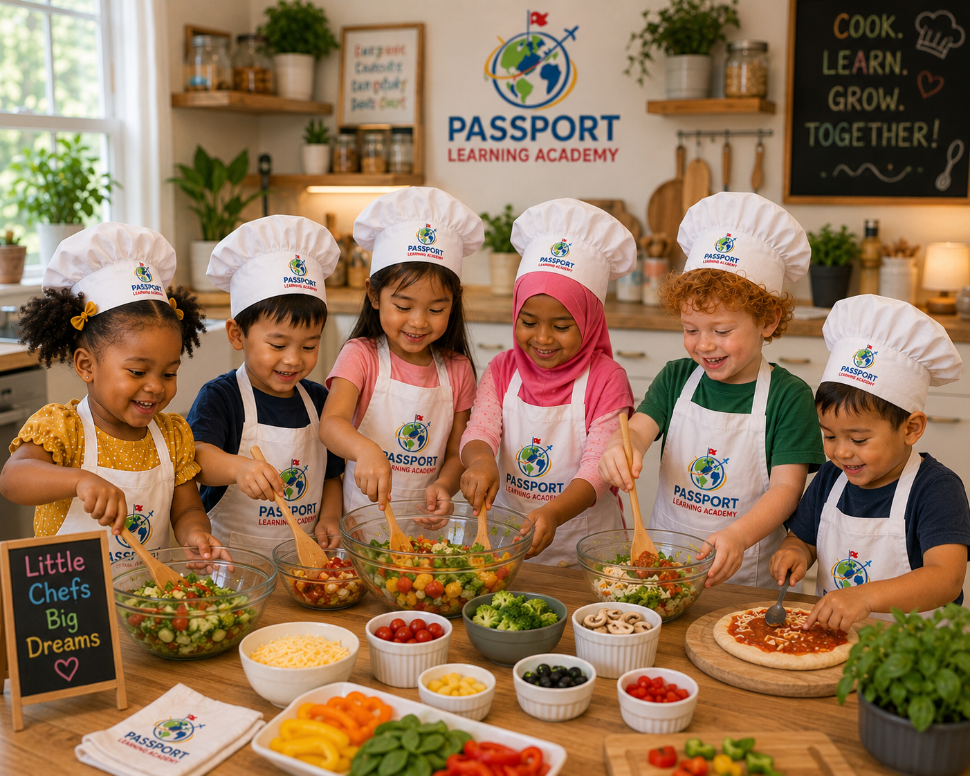 Six young Passport chefs in aprons and chef hats tossing fresh salads and building pizzas together in the kitchen, beneath the Passport Learning Academy banner