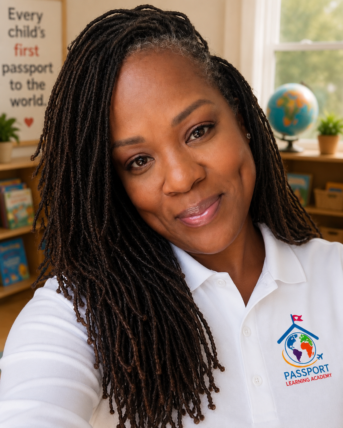 Ms. Inas, founder of Passport Learning Academy, in a Passport polo inside a bright classroom with a globe and the "Every child's first passport to the world" sign behind her