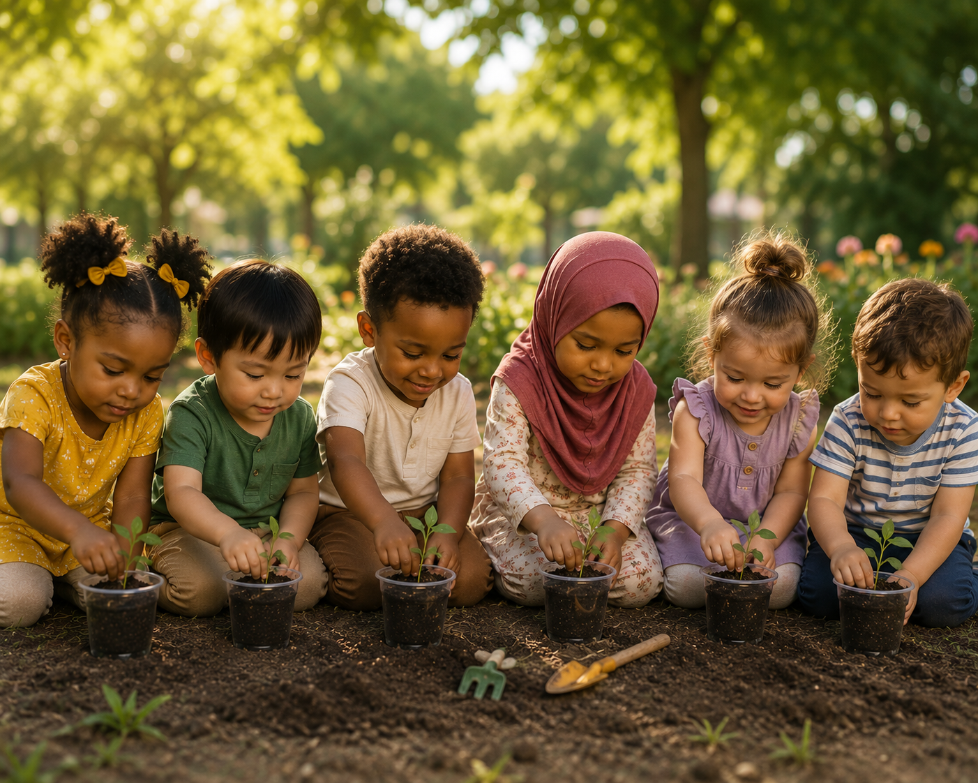 The Passport cohort — six diverse young children planting seedlings together in pots outdoors on a sunlit summer day
