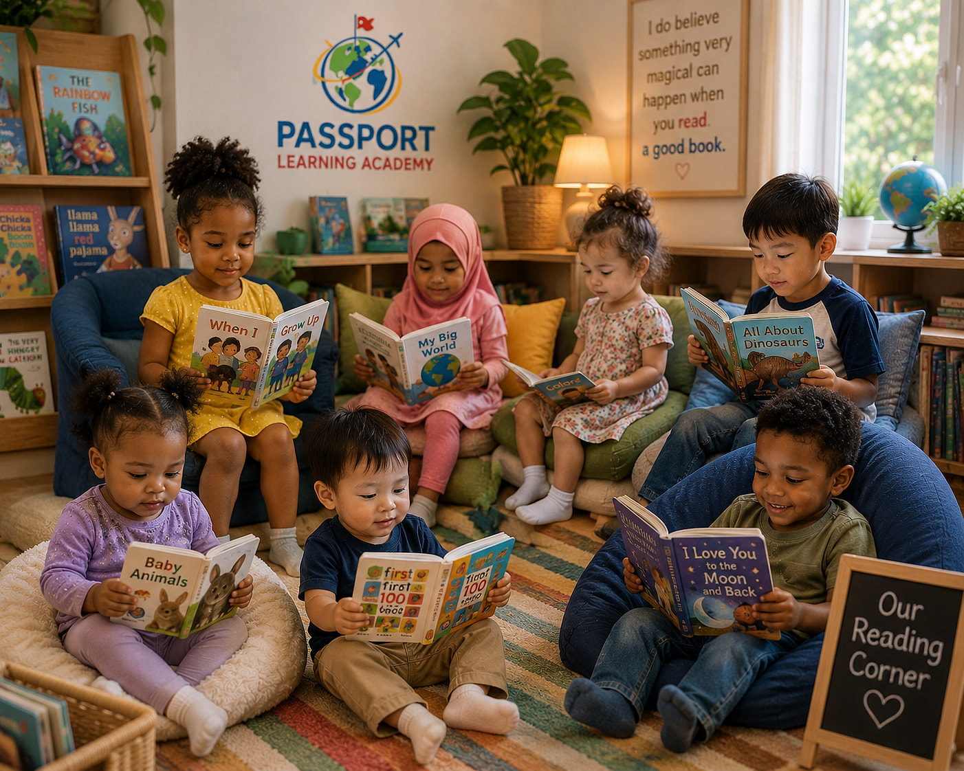The Passport cohort in the Reading Corner — six diverse young children reading picture books together