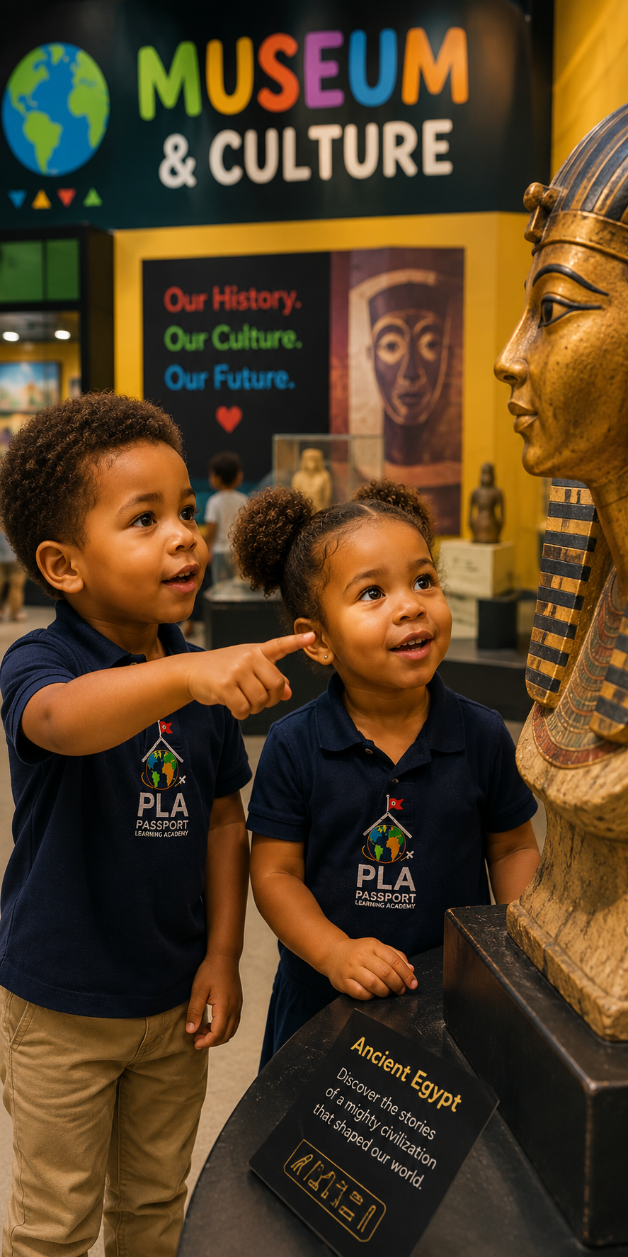 Two young Passport explorers in navy PLA polos pointing in wonder at an Ancient Egypt sarcophagus during a Museum & Culture outing, beneath a "Museum & Culture" banner