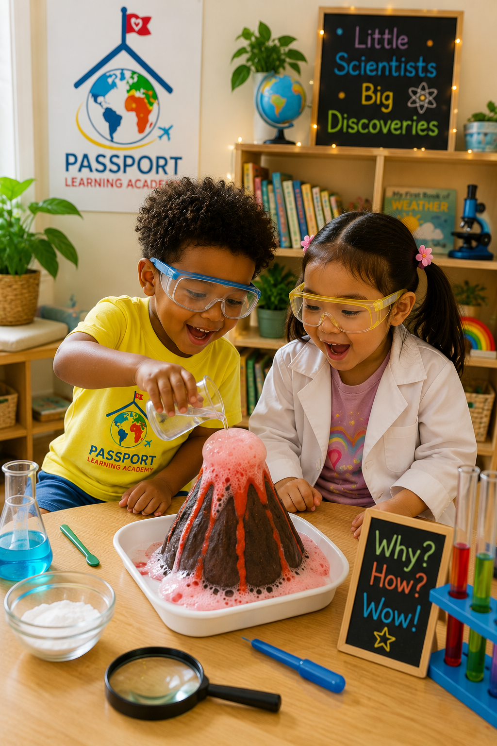 Two young Passport scientists in safety goggles running a hands-on baking-soda volcano experiment with beakers and a microscope, beneath a "Little Scientists, Big Discoveries" sign