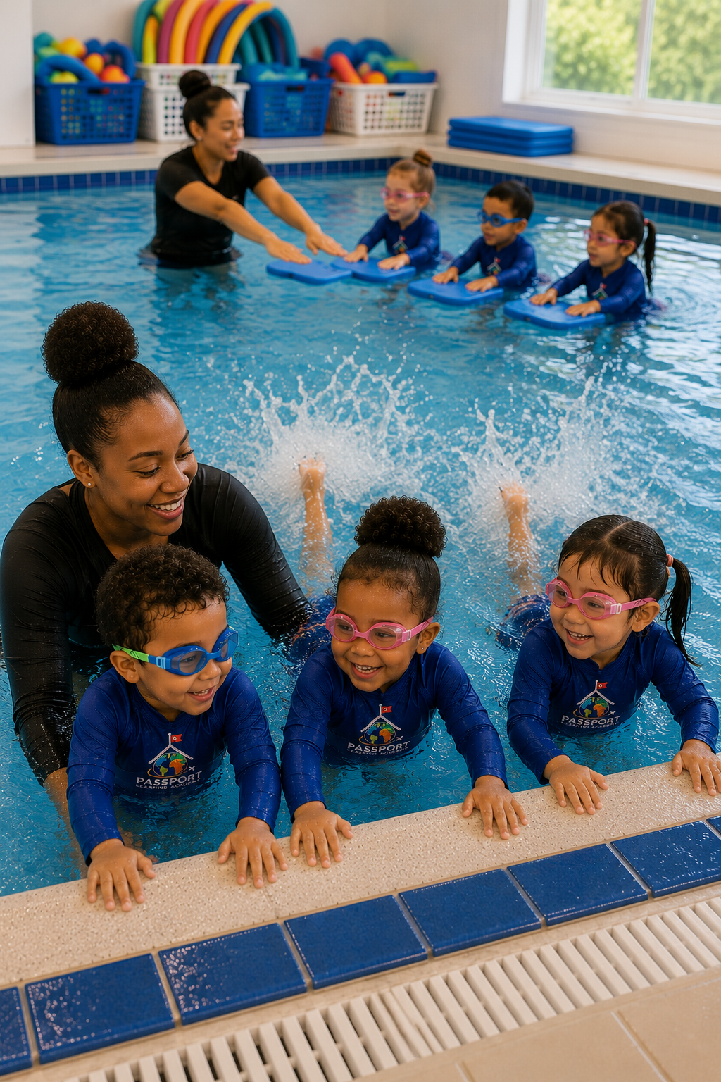 Young Passport swimmers in blue Passport rash guards and goggles practicing at the pool edge with their instructors during a swimming morning
