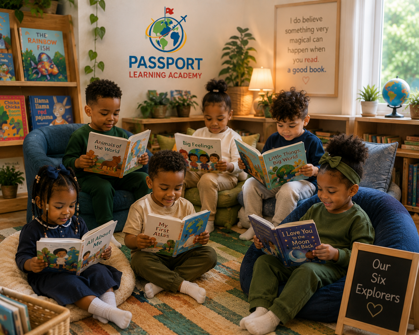 Passport's six young explorers reading picture books together in the Reading Corner, beneath the Passport Learning Academy banner and the "Our Six Explorers" sign